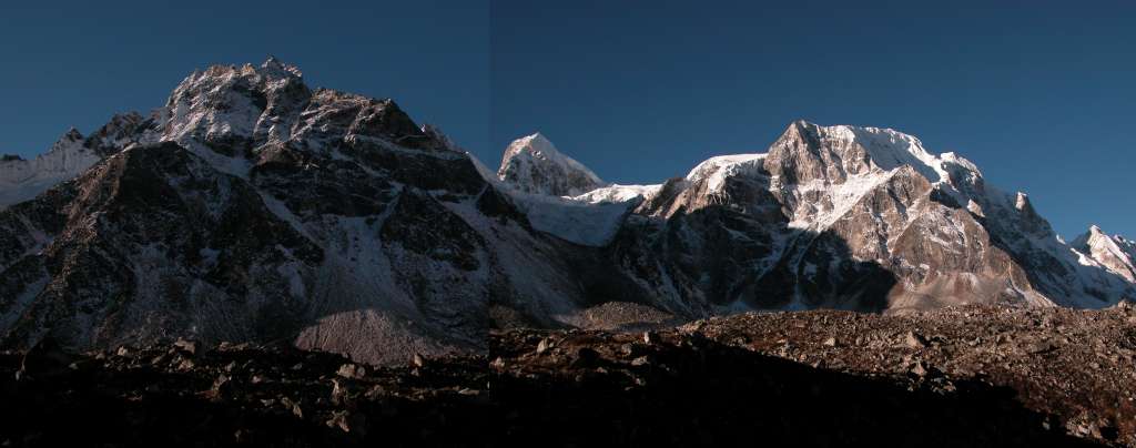 Manaslu 09 01 Larkya Peak From After Larkya Phedi Last night was a little cold at -10C. An hour after leaving Larkya Phedi, I could see Larkya Peak (6010m) in the early morning sun.